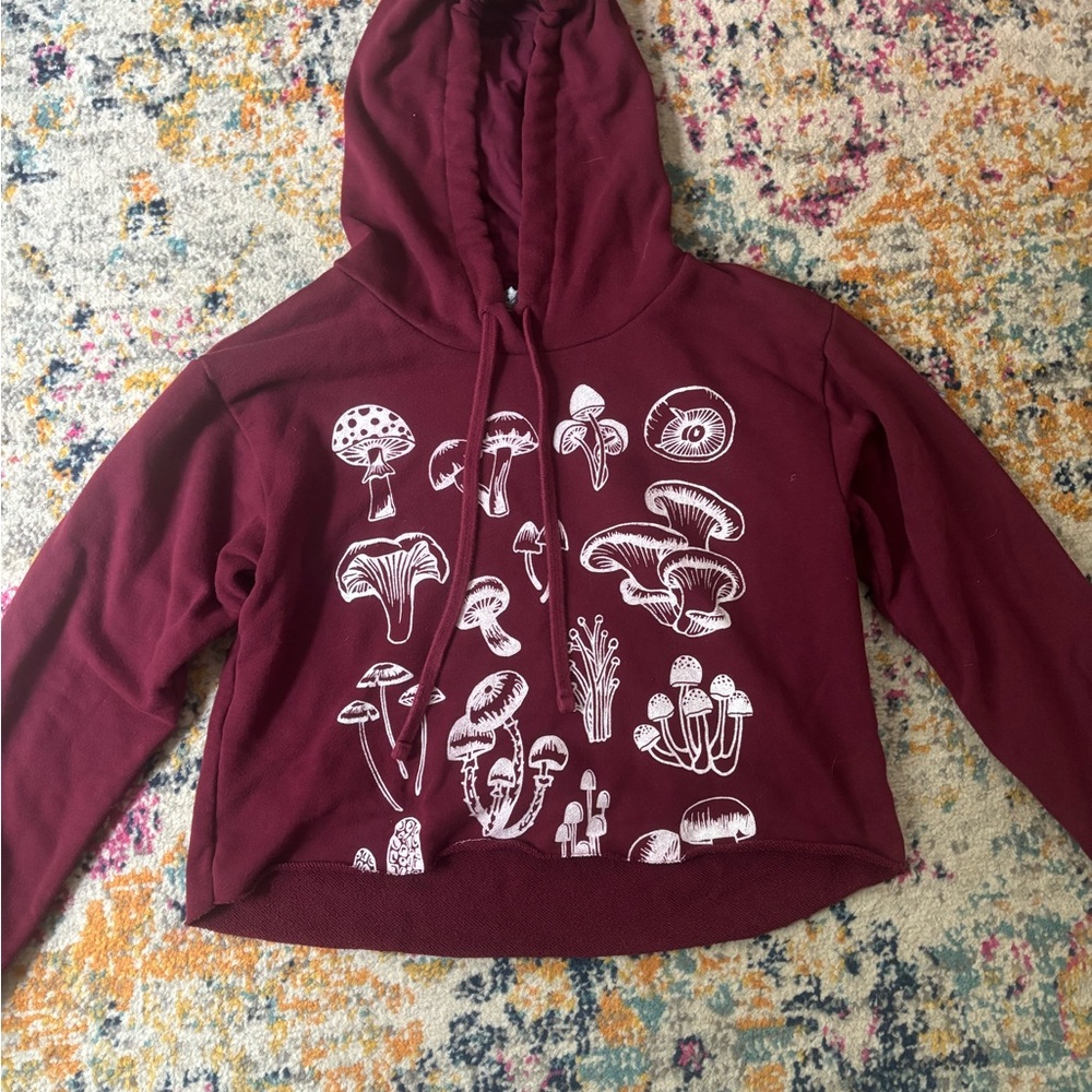Burgundy Cropped Mushroom Hoodie